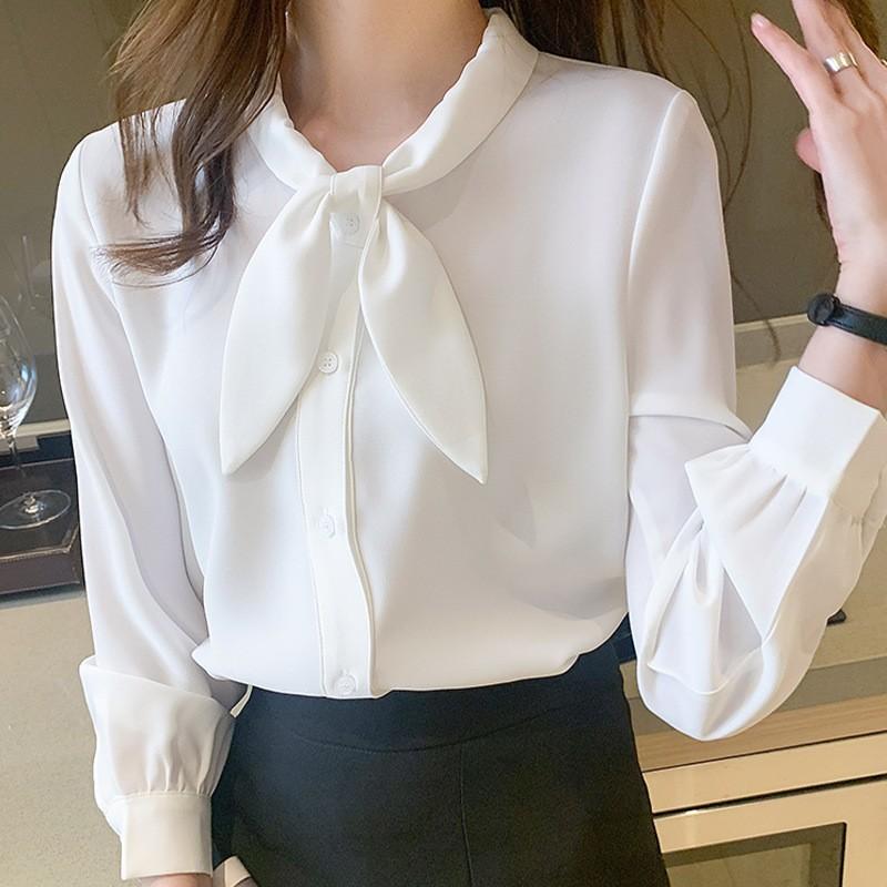 Осенняя женская новая шифоновая рубашка с длинным рукавом, темпераментный дизайн, галстук-бабочка, синий топ