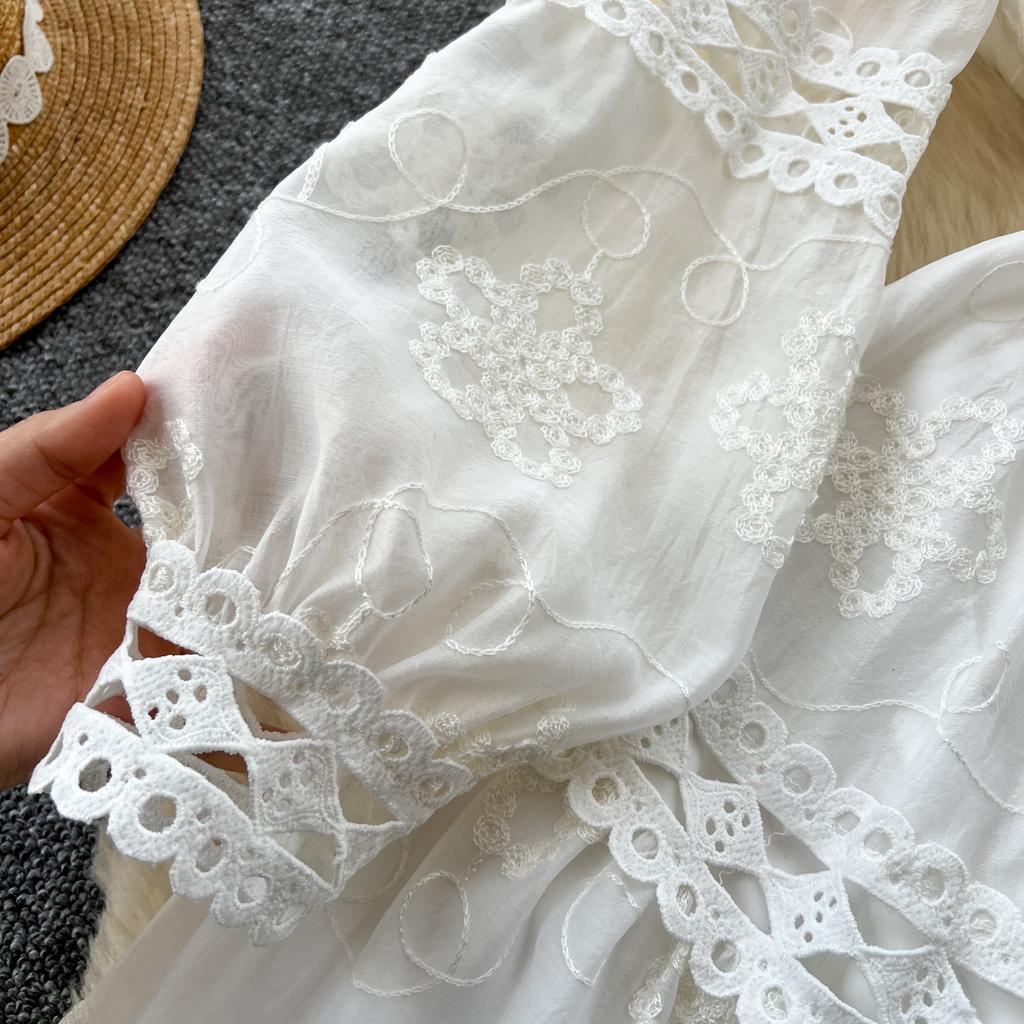 Весна Осень Женские Вышитые Цветочные Кружева Однобортные Платья Рубашки Для Вечеринок