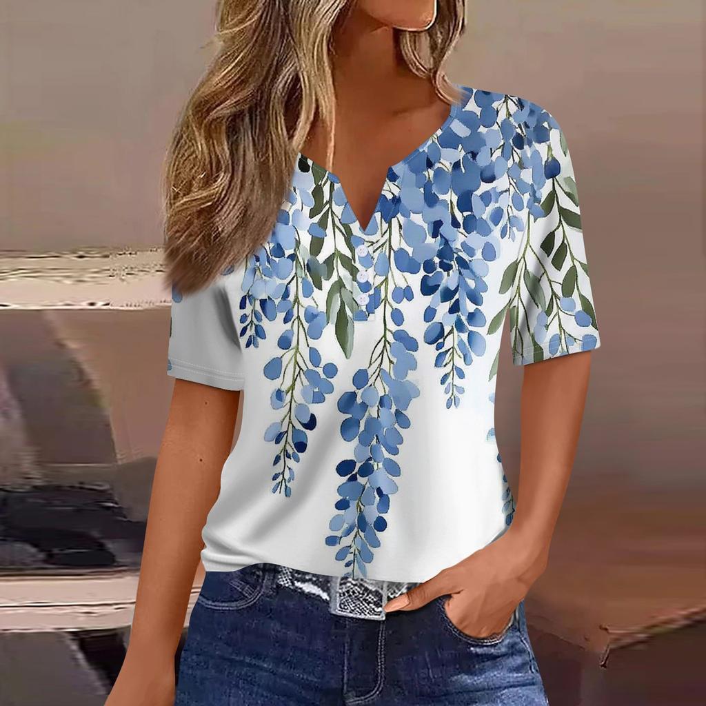 Жен. Футболка Футболка С принтом Пуговицы С короткими рукавами Повседневные Выходные Мода Классический V-образный вырез Обычный Верх