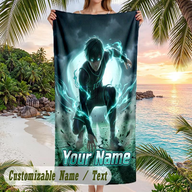 Blue Lock Beach Towel, Personalized Custom Name Text, Quick Dry Large Absorbent Towel For Beach Pool