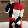 Женский вязаный пуловер, свитер, осень-зима, теплая водолазка, вязаная одежда, пуловер с цветными блоками, свободный повседневный пригородный пуловер