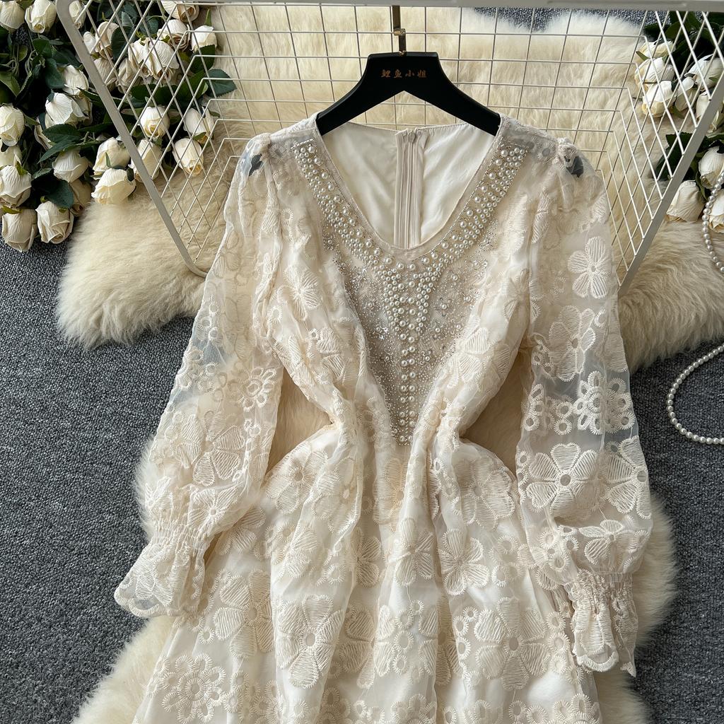 Весна Осень Женские V-образный вырез Роскошные Бисероплетение Сетчатая Вышивка Вечерние Миди Платья