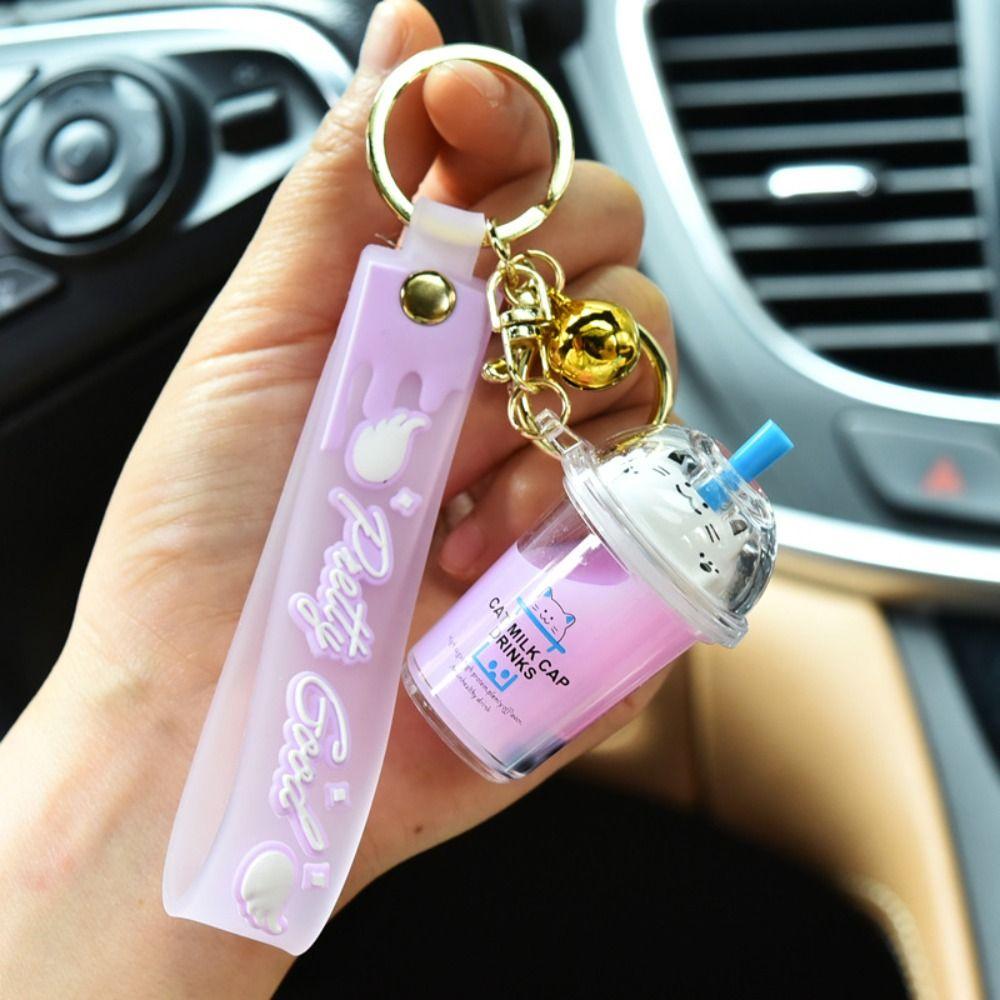 Bag Charm Cat Pearl Milk Tea Cup Keychain Key Chain Soft Drink Keyring Floating Drink Keyring