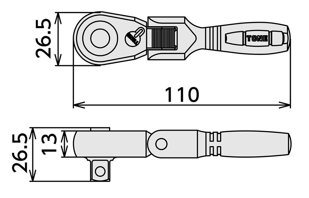 TONE Короткая трещоточная рукоятка с шарниром (Тип удержания), RH3FHS, 9,5 мм (3/8")
