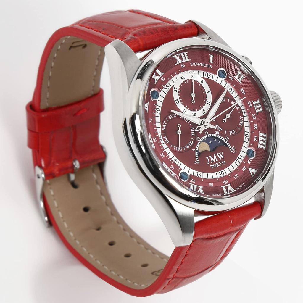 Роскошные часы с фазами Луны. Ремешок из натуральной кожи. Римские цифры. Указатель. Водонепроницаемость 100 м. Тахиметр. Подарок на 300 штук. Подарок на день. Подарок [JMW TOKYO] Мужские.