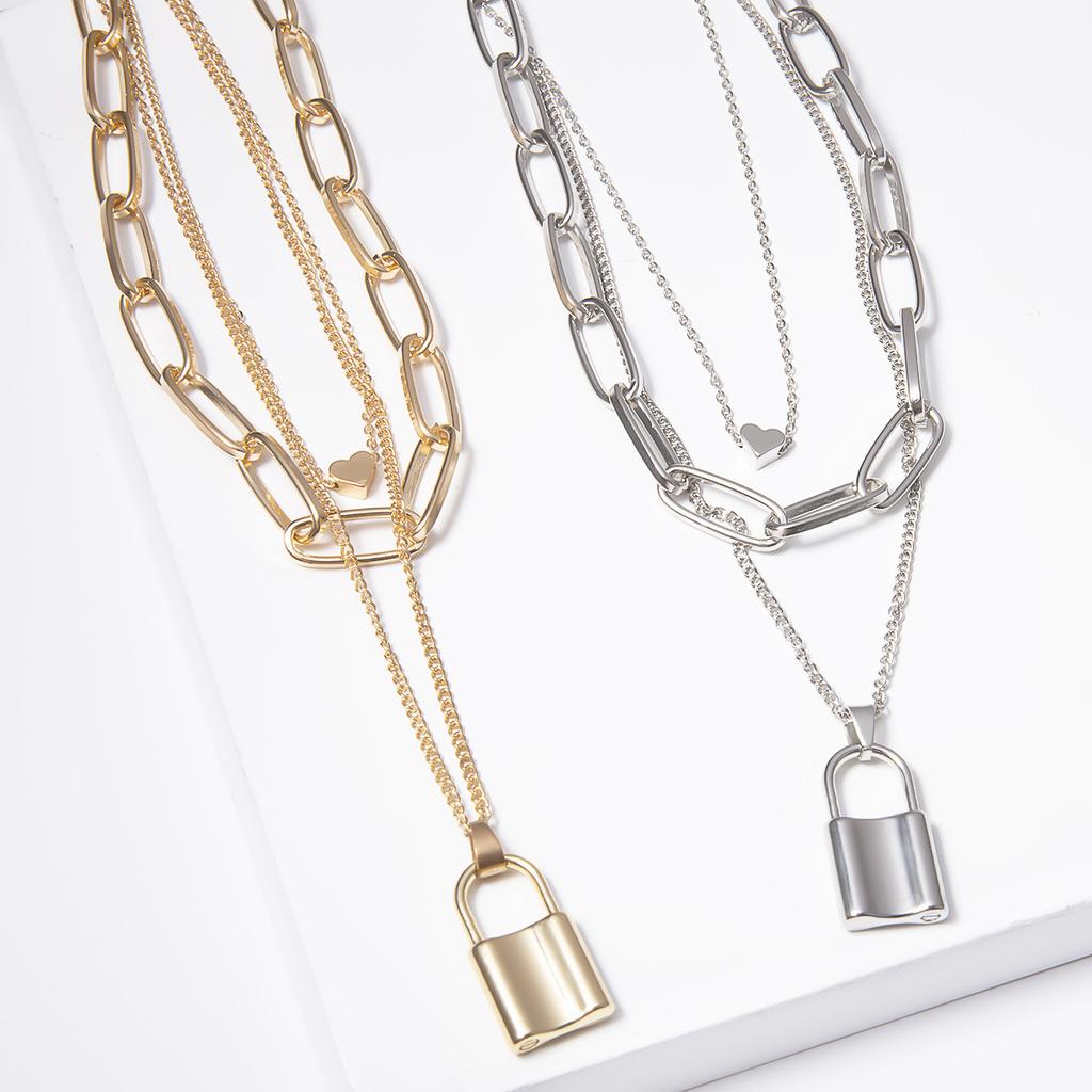 C184 Punk Hip-Hop Thick Chain Necklace for Women Multi-Layer Lock Heart Necklace Sweater Chain