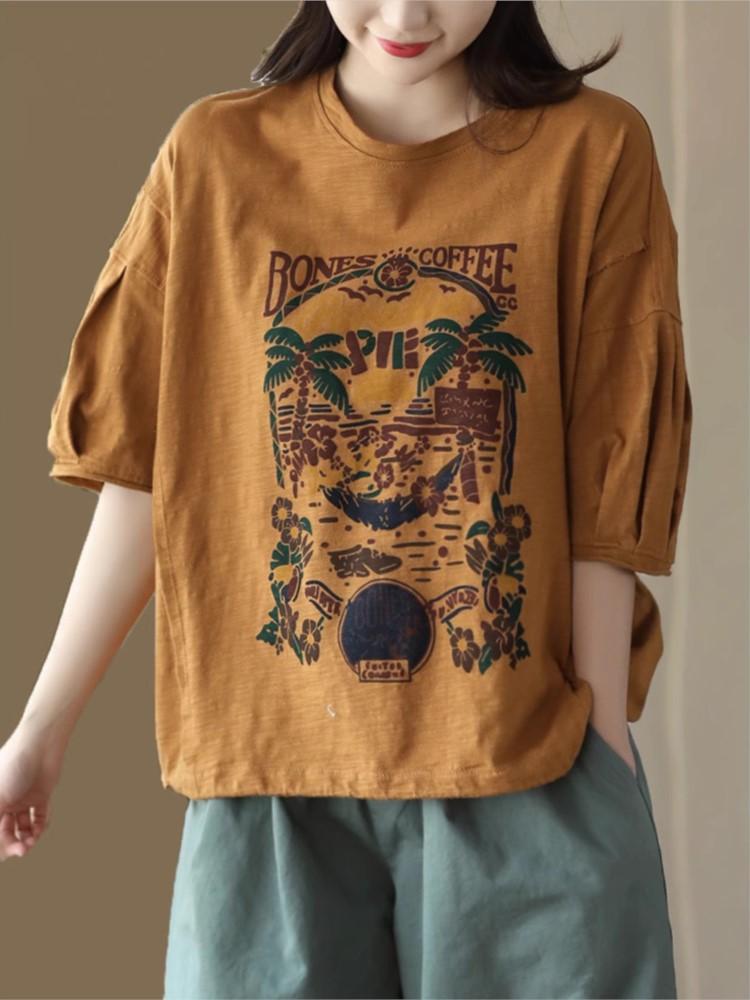 Johnature Women Vintage Print Floral T-Shirts O-Neck Short Sleeve Tees Summer Cotton Loose Women Casual Soft T-Shirts