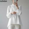 Women Elegant Casual Ruffled Stand Neck Loose Long Sleeve Irregular Blouse