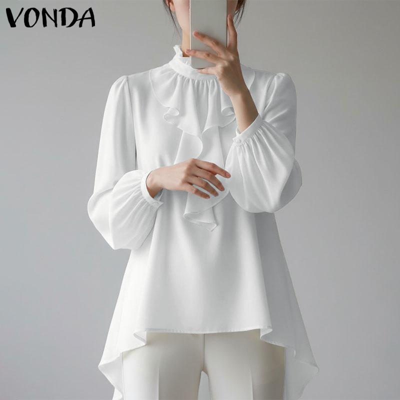 VONDA Женская элегантная повседневная блузка с оборками, воротником-стойкой, свободным кроем, длинными рукавами и асимметричным низом