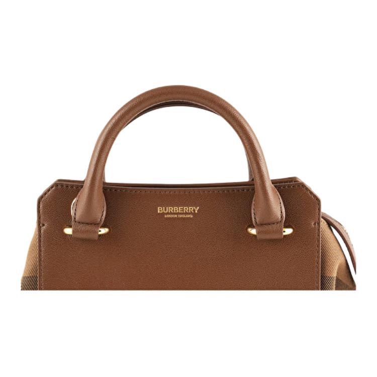 Burberry Brown Leather Mini Tote Handbag With Vintage Check Side Panels For Daily Use