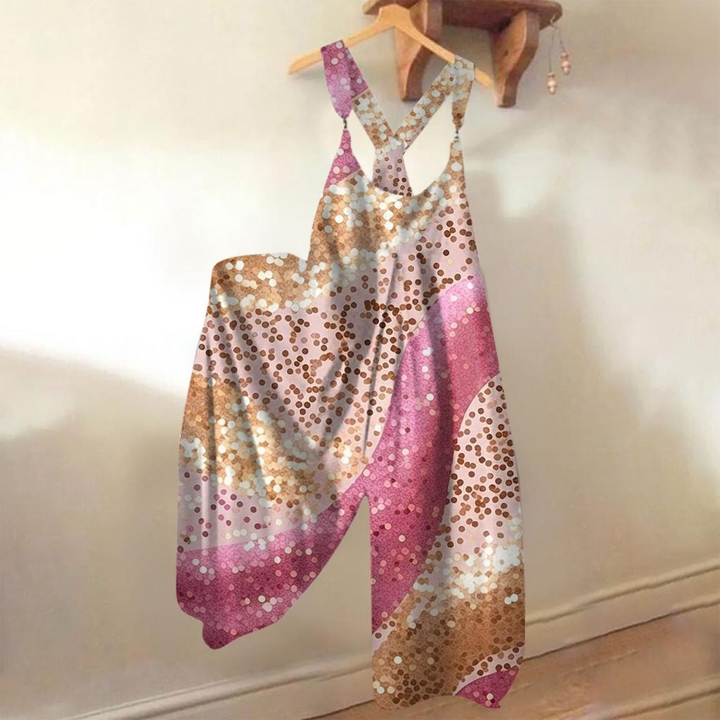 Широкие комбинезоны для женщин, повседневные свободные комбинезоны без рукавов, ретро-принт, металлические пуговицы, длинные брюки, комбинезон с карманами