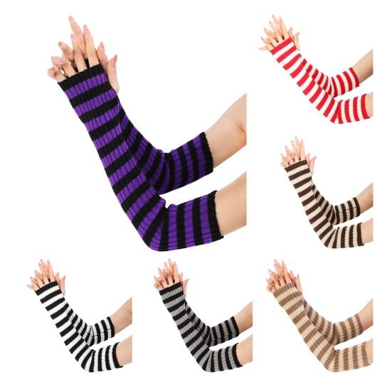 Women Striped Elbow Gloves Winter Knitted Arm Warmers Goth Punk Fingerless Gloves Stretchy Mittens with Thumb Hole for Daily Wear Cosplay