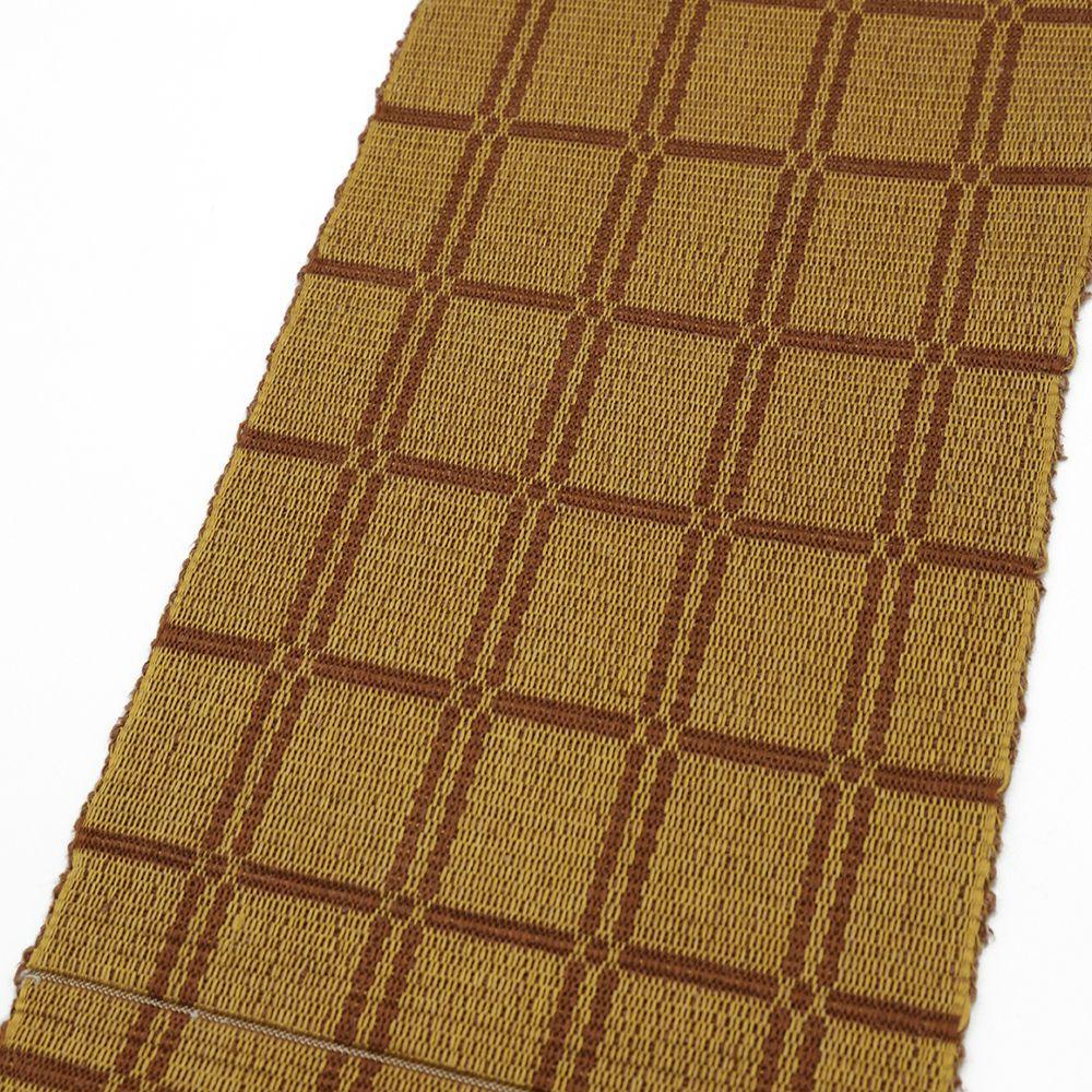 Used Half-width obi Authentic Kihachijo pure silk lattice yellow brown birch brown brown new and used casual No.i6-2308