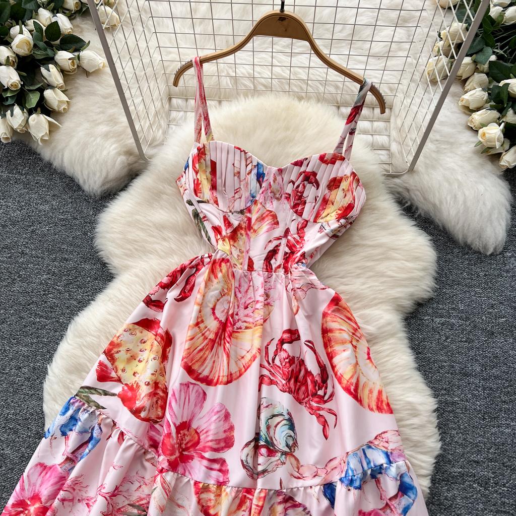 Summer Women Elegant Print Spaghetti Strap Long Maxi Party Dresses with Belt