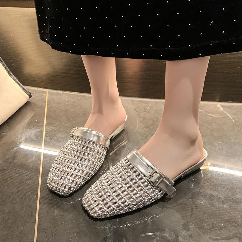 Мода 2025 Новая Натуральная Кожа Острый Носок Высокие Каблуки Сетка Каблуки Сандалии Повседневные Летние Серебристые Шлепанцы Платье Сандалии