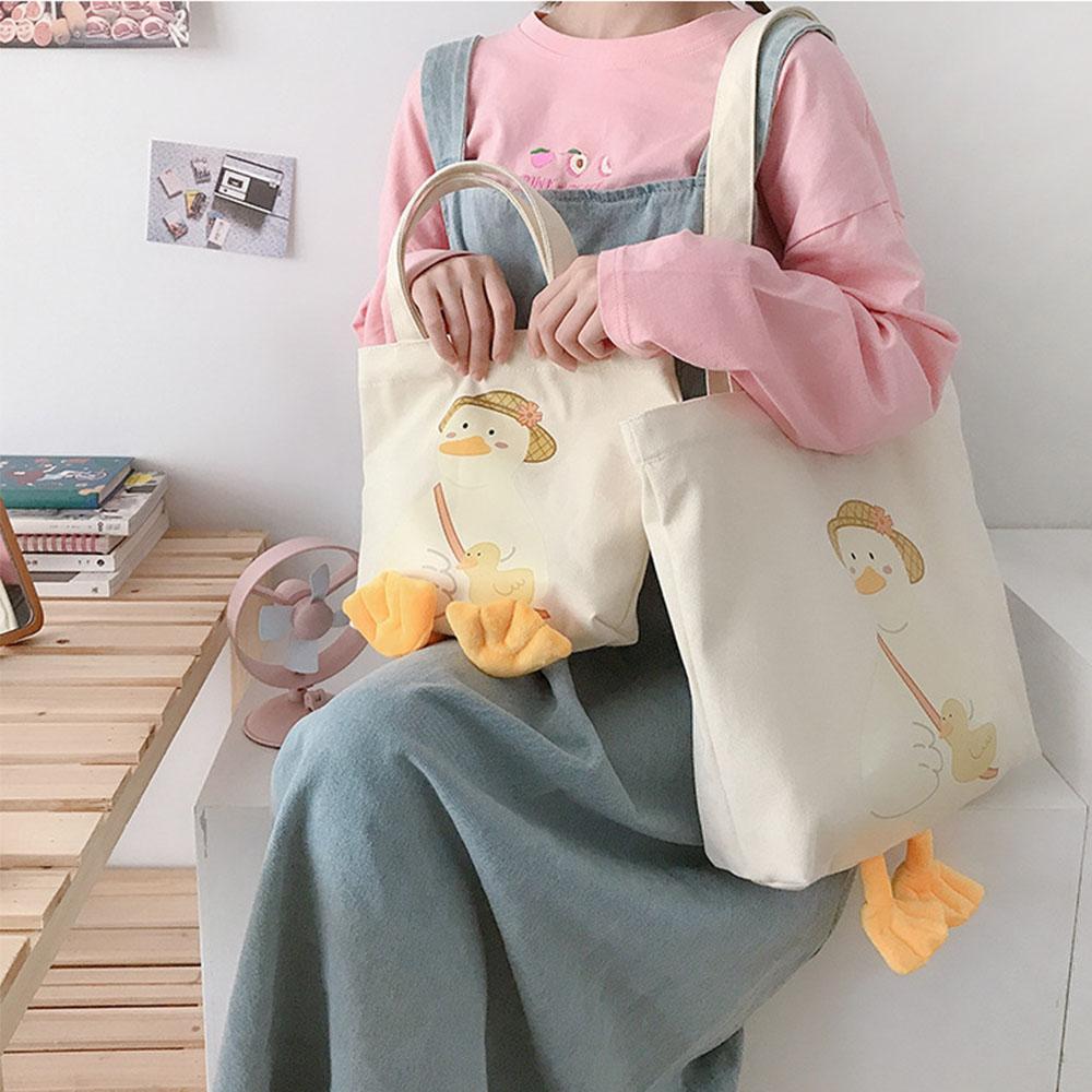 Eco Cute Duck Tote Bag Canvas Duck Embroidery Crossbody Bag Fashion Large-Capacity Shopping Bag