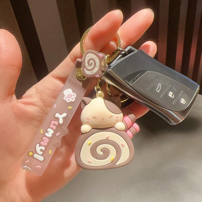 Милый Кот Брелок для Ключей Мультяшный Брелок ПВХ Рулет с Кремом Ключевые Аксессуары Декор для Сумки Аниме Брелок для Девочки Пара Брелок Подарок