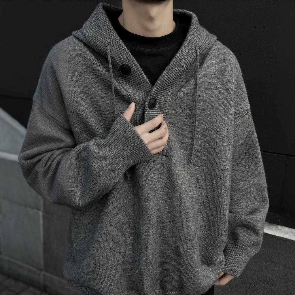Men's Gray Hooded Knit Sweater - Retro Loose Fit Casual Autumn/Winter Outerwear