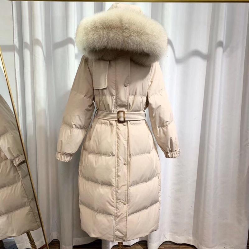 Women's 2024 Trendy Lightweight Over-Knee Down Jacket with Waist Tie - White Duck Down Winter Coat
