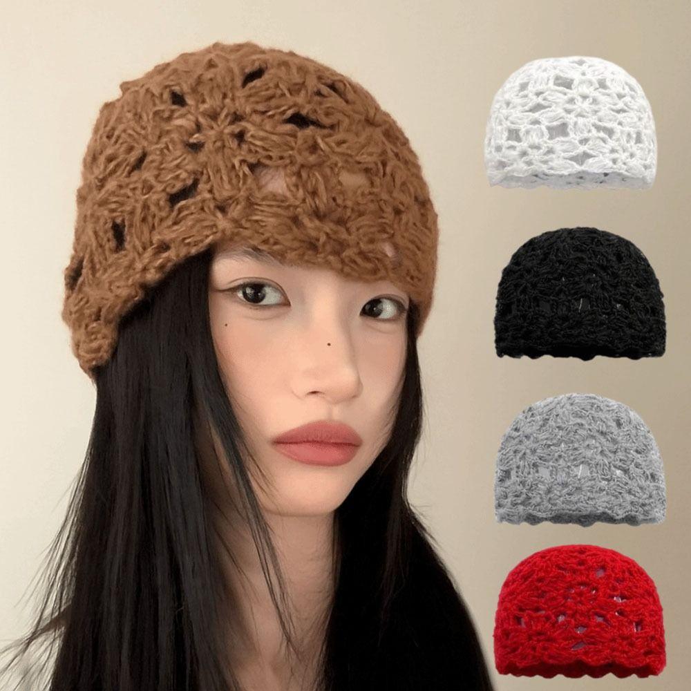 Handmade Crochet Flower Hat Solid Color Beanies Cap Casual Knitted Pullover Hat  Girls