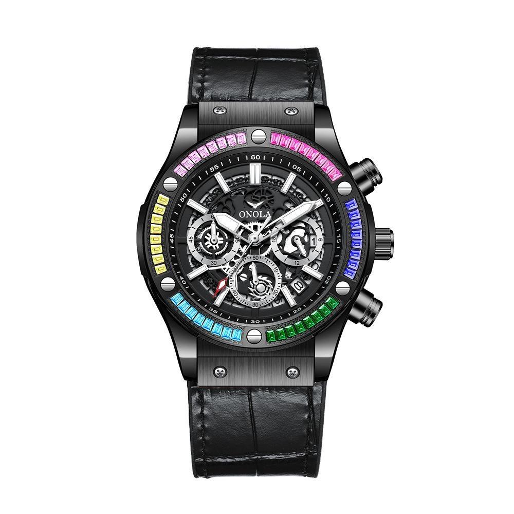 ONOLA Fashion Leather Unique Diamond Timing Watch Men's Multi Functional Cool Night Light Quartz Sports Watch Reloj Hombre
