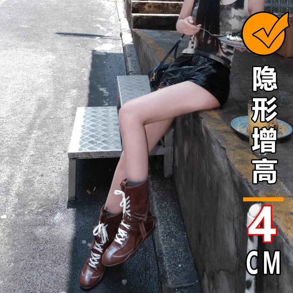 Cowhide~ Retro Boxing Boots Women's Genuine Leather Inner Heightening Boots Lace-up Martin Boots Thick-soled German Training Boots Medium Boots Sh