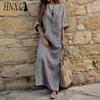 HNXC S-5XL Women Spring Summer Clothing Plus Size Ladies Cotton Linen Loose Striped Long Dress with Pockets