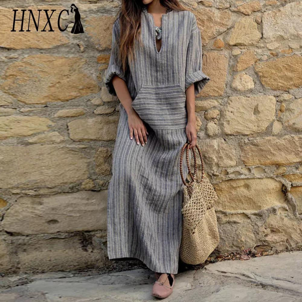 HNXC S-5XL Women Spring Summer Clothing Plus Size Ladies Cotton Linen Loose Striped Long Dress with Pockets