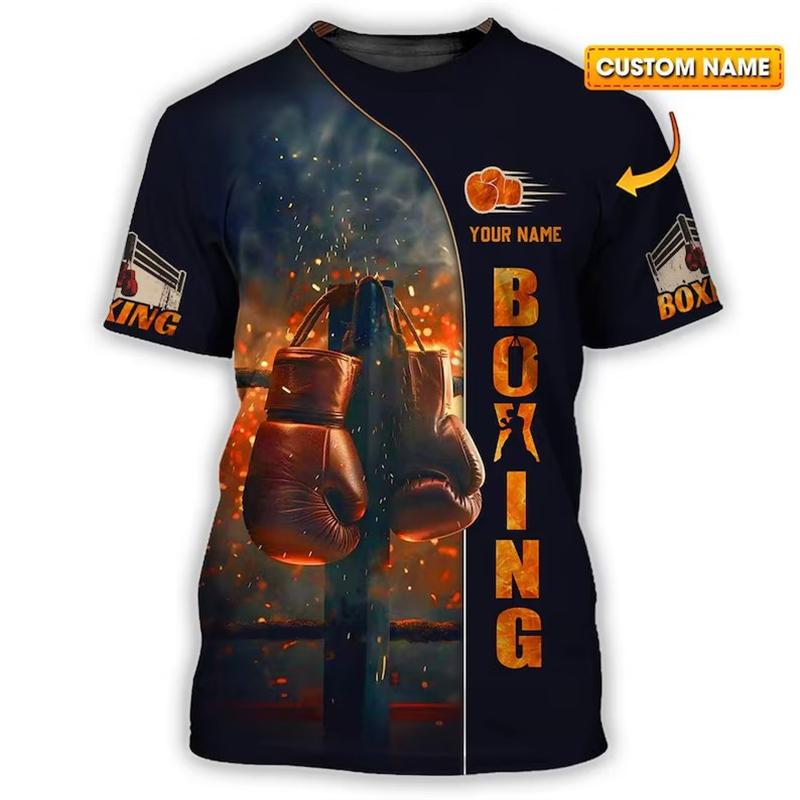 Футболка с принтом боксерских перчаток Мужская одежда DIY Персональное имя Круглый вырез Футболки Харадзюку Пламя Крутой Уличная одежда 2025 Новинка Топ