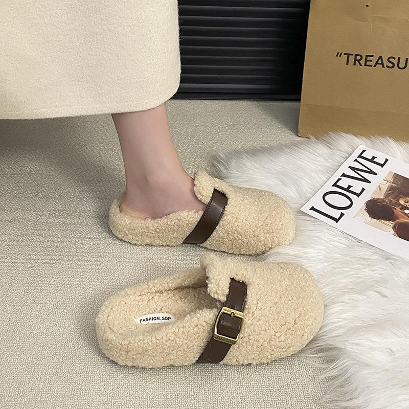 Тапочки Mao Mao женские носят 2025 осень и зима новые интернет-знаменитости одна нога плоская ленивый мешок голова половина тапочки из хлопка