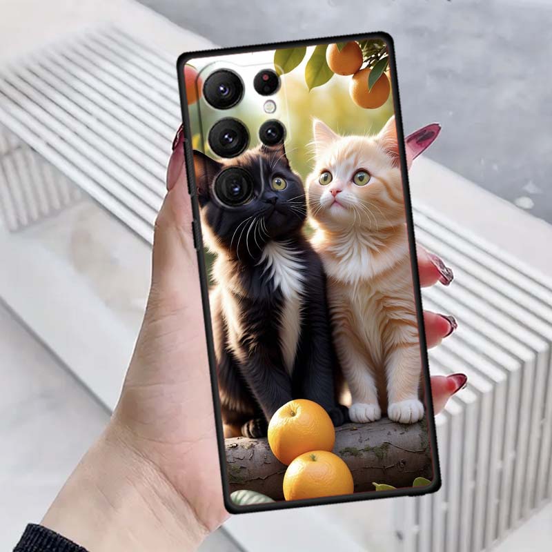 Милая мультяшная кошка Иллюстрация Чехол для телефона Для Samsung Galaxy S26 S25 S24 S23 S22 S21 S20 Ultra Plus FE 5G Черный Мягкий ТПУ
