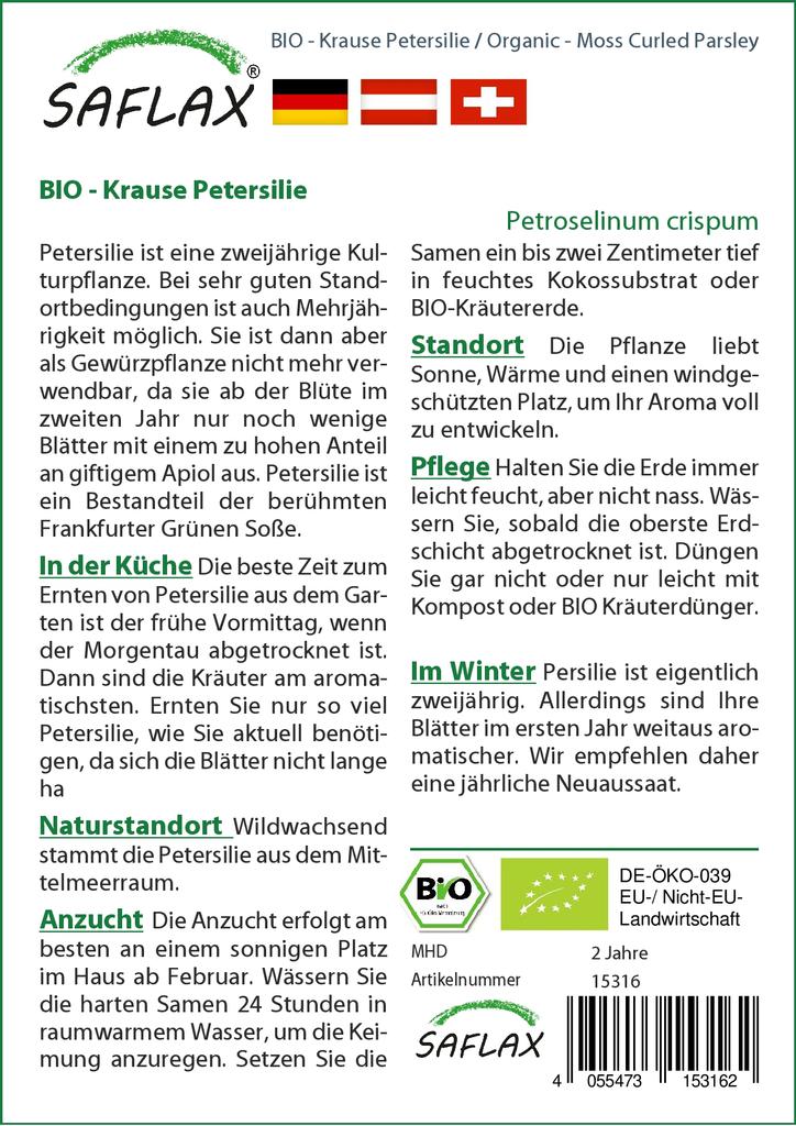 SAFLAX Garden in the Bag - Органический - Петрушка, скрученная мхом - 800 семян - С субстратом в подходящем стоячем пакете - Petroselinum Crispum