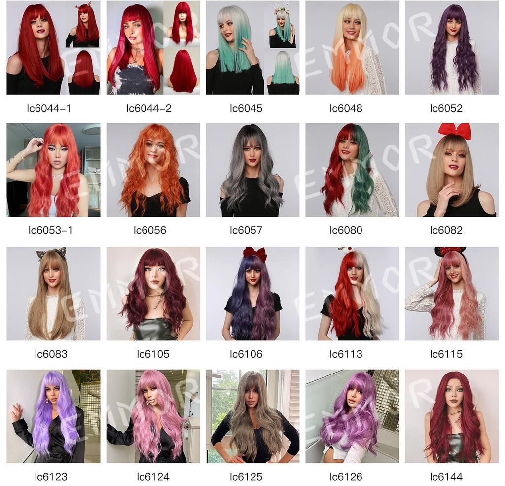 Женский парик на всю голову: Европейско-американский стиль, Длинные волнистые локоны, Челка с воздухом, Доступны различные цвета и стили.