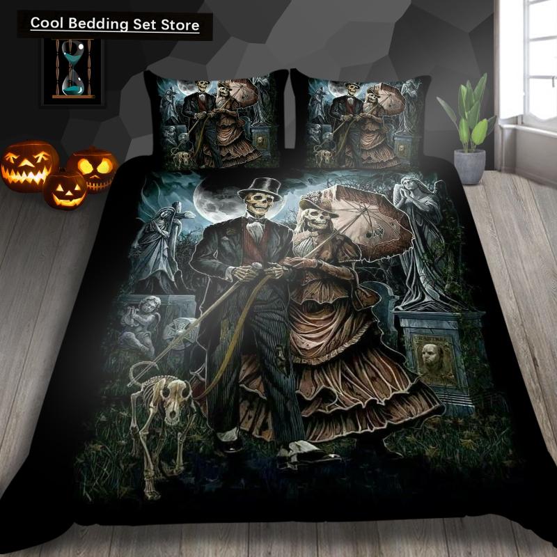 Скелет King Queen Пододеяльник Череп Постельное белье Комплект для детей Подростков Взрослых Хэллоуин Спальня Декор Мягкий Одеяло Чехол Наволочки