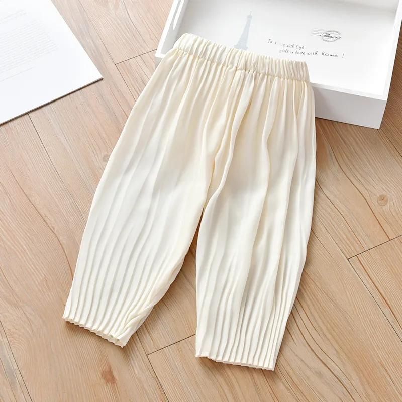 Детские летние брюки, милые плиссированные шифоновые брюки, повседневные свободные тонкие восьмиточечные брюки для девочек