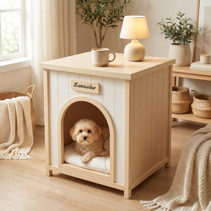 FSC Solid Wooden Dog Cage, Dog Side Table with Cushion, Scandinavian Style Indoor Niche 53x51x60cm
