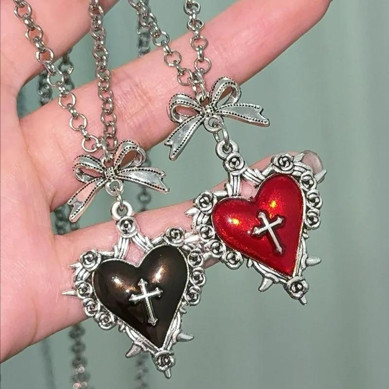 Fashion Bow Heart Pendant Necklace for Women Gothic Red Black Flower Thorn Cross Choker Chains Necklaces Party Charm Jewelry