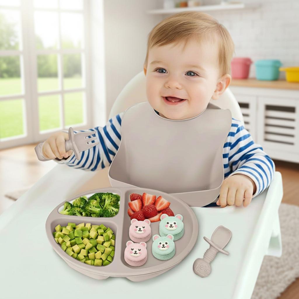 Baby Feeding Set 8-Piece, Silicone Toddler Utensils, Suction Bowl Plate Bib Fork Spoon Snack Cup, Allergen-Free Beige