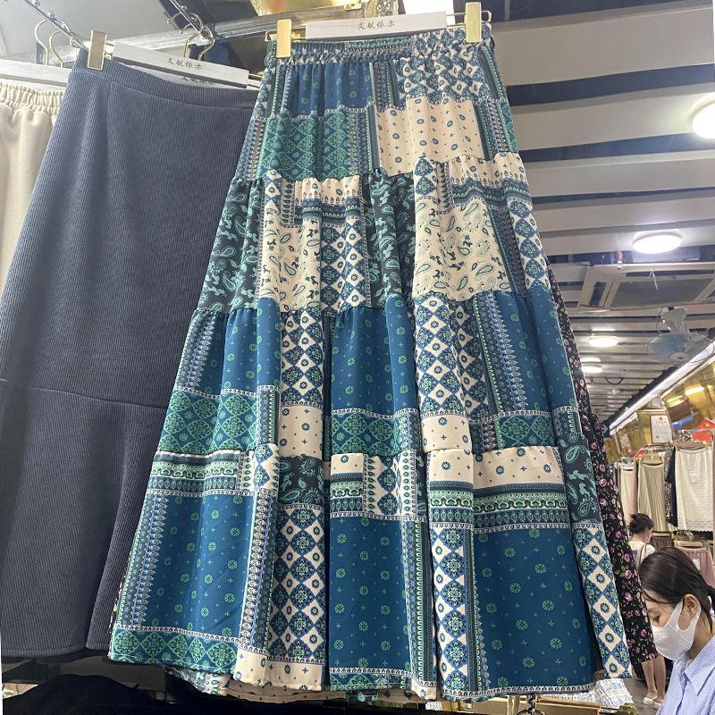 MOJTA Юбка средней длины, весенне-летняя женская эластичная юбка с высокой талией и контрастным цветочным принтом, длинная юбка трапециевидной формы