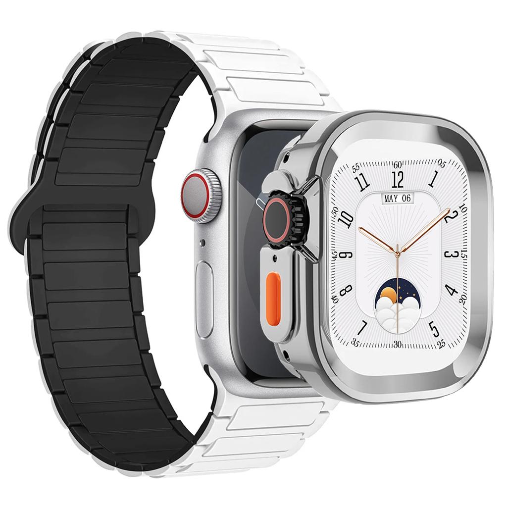 Ремешок+Чехол для Apple Watch Ultra 2 49 42 45 44 S10 46мм Магнитный силиконовый ремешок+чехол для IWatch Series 9 8 7 6 5 4 42мм 40 41мм