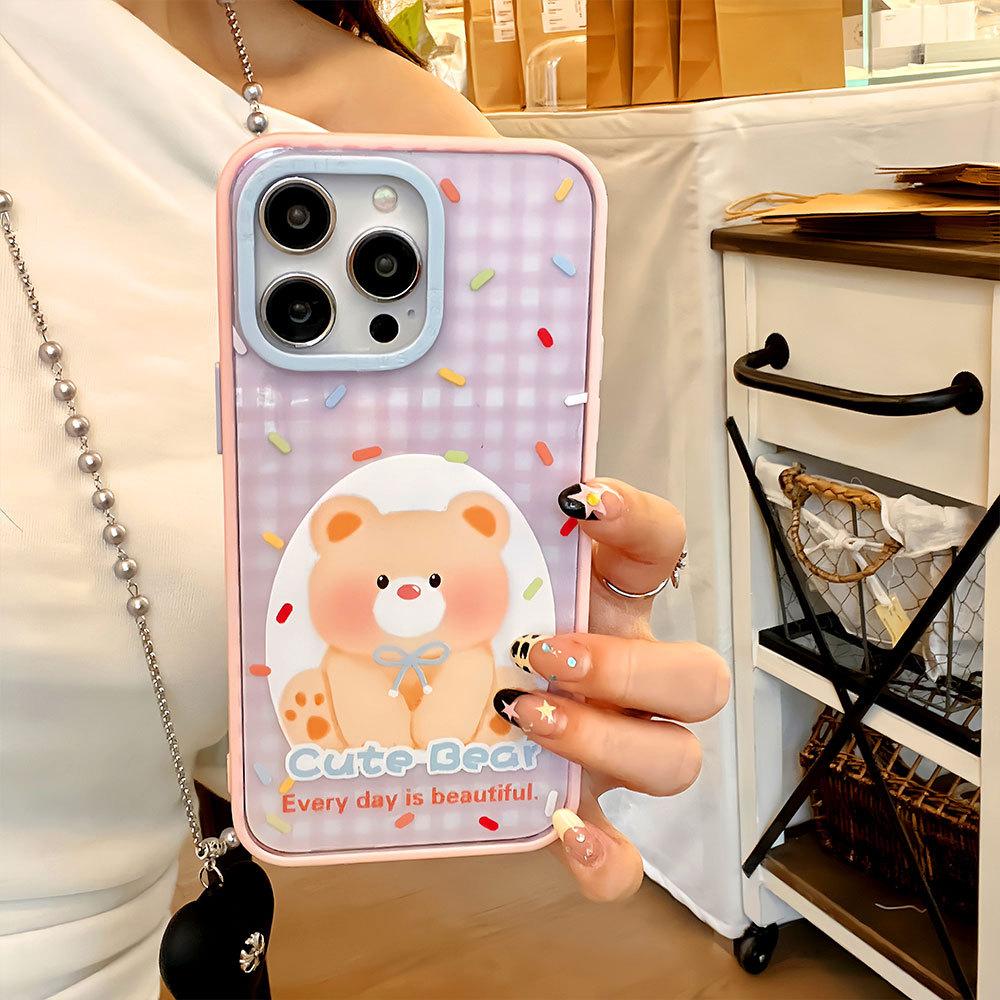 Клетчатый контрастный акриловый чехол для телефона Daidai Bear, подходит для Apple 16promax, розовый защитный чехол для Apple 15, 14