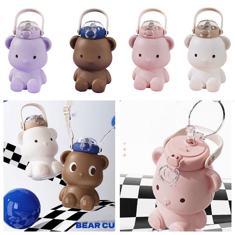 Милая бутылка для воды в виде медведя со ремешком и ручкой, большая емкость, откидная крышка, идеально подходит для девочек и студентов