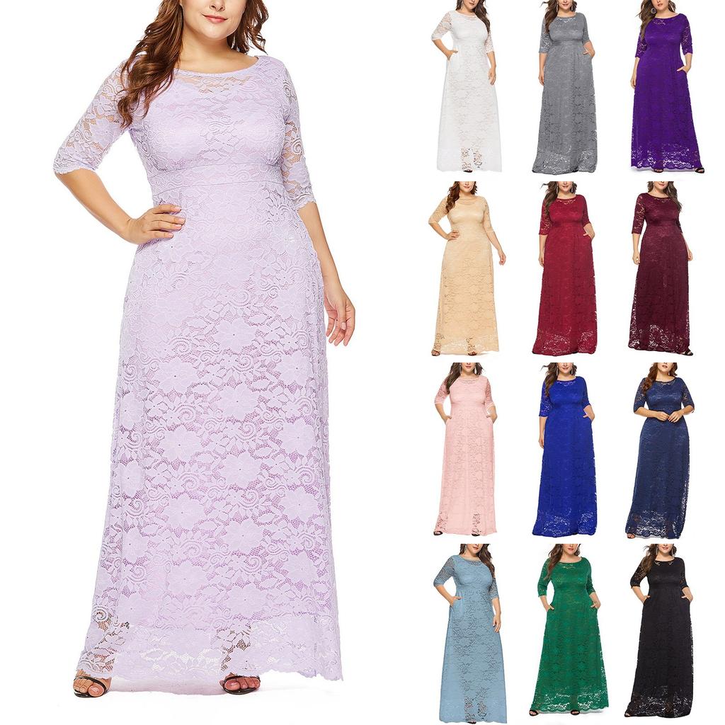 Женское сексуальное большое однотонное кружевное вечернее платье с круглым вырезом, платье высокого качества