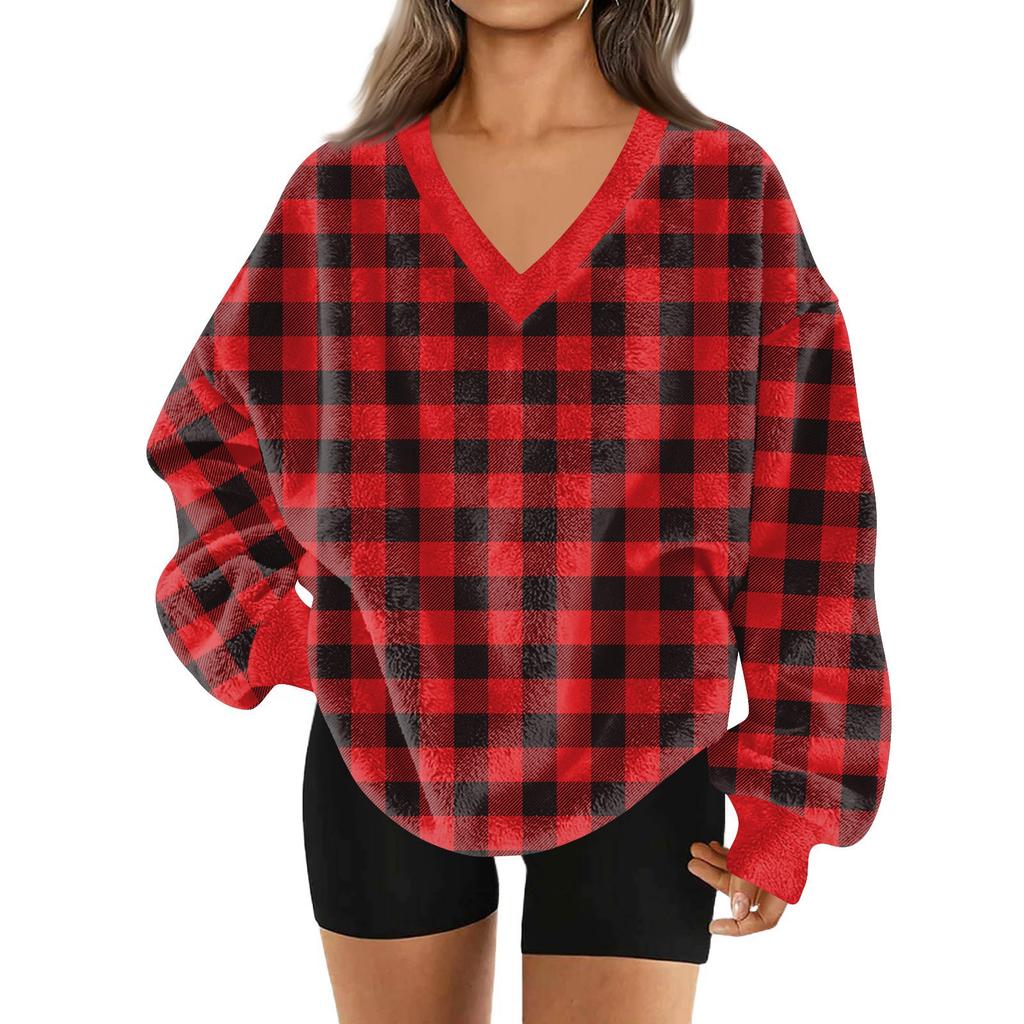 Женский модный пуловер с V-образным вырезом, рождественским принтом, длинным рукавом, повседневный, плюшевый, теплый, с карманом, толстовка, топ