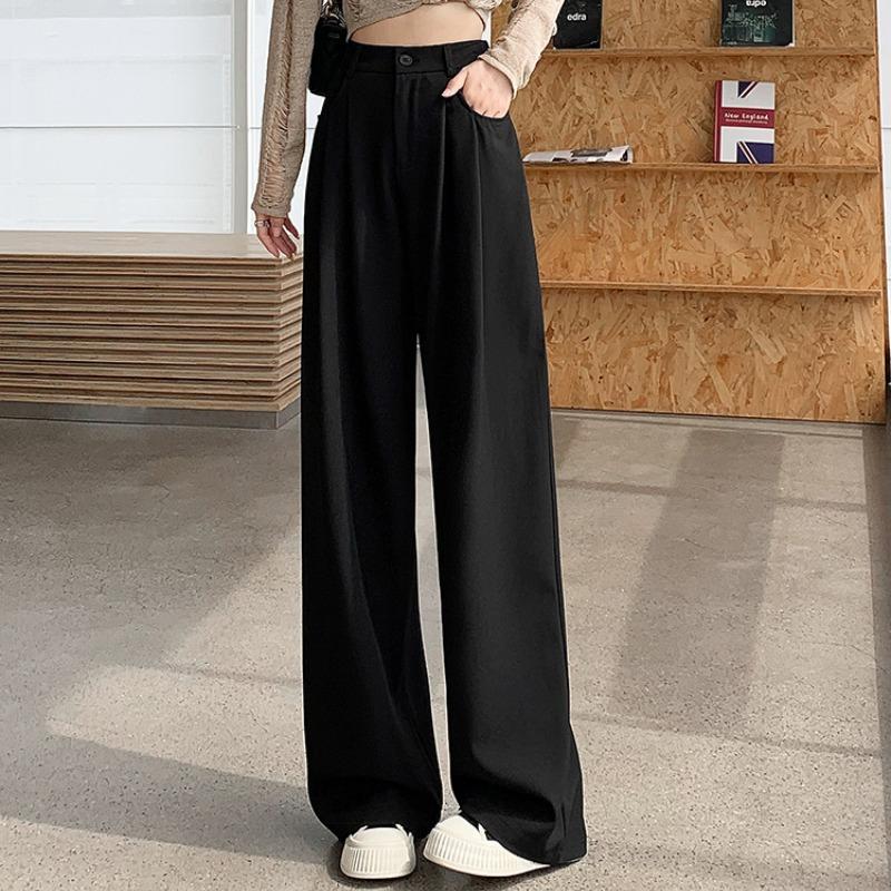Модные новые женские прямые широкие брюки с высокой талией, простые офисные женские однотонные повседневные брюки, свободные элегантные облегающие женские брюки с карманами 25625