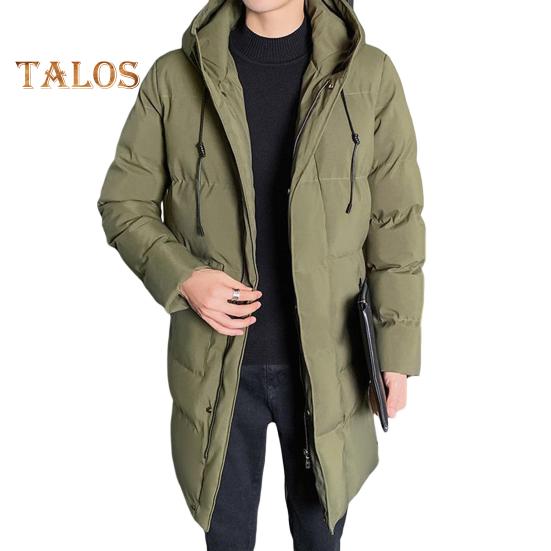 Men Cotton Coat Hooded Drawstring Long Sleeve Full Zipper Closure Cotton Jacket with Side Pockets Solid Color Mid-length Winter Outwear