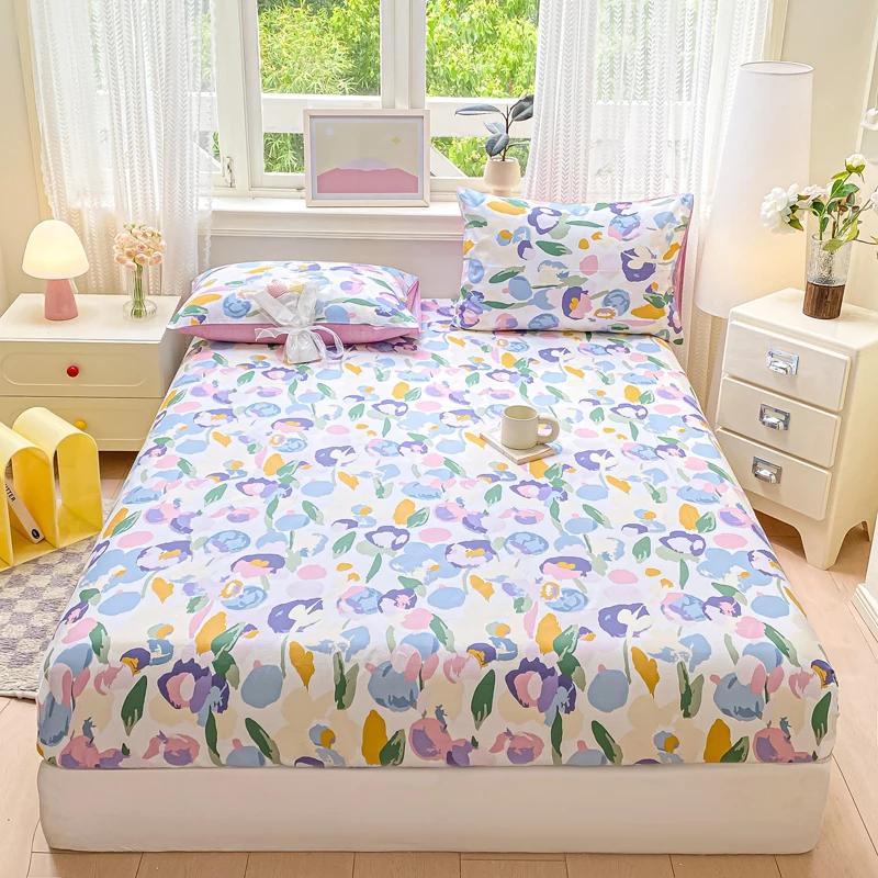 Pure Cotton Printed Fitted Sheet Soft Comfortable Mattress Cover With Elastic Band For Single Double Queen Size Bed