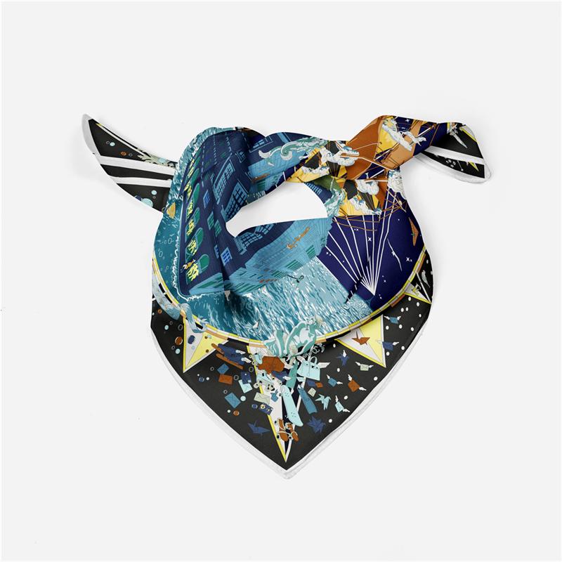 Twill Silk Scarf Woman Boat Print Square Scarves Wraps Bandana Small Hijab Silk Foulards Tie Headband Neckerchief 53CM