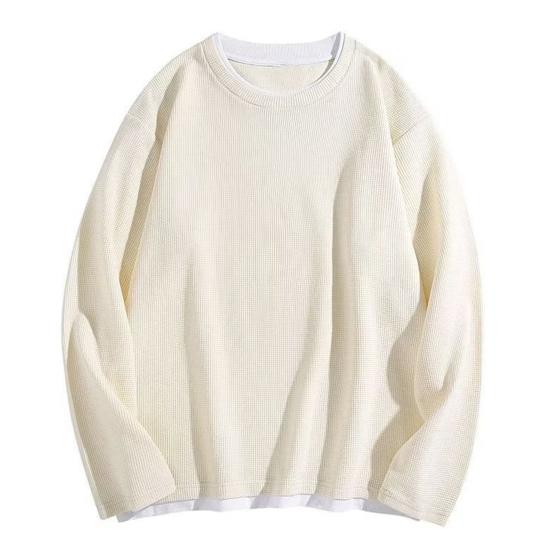 Мужской вафельный свитшот с круглым вырезом, футболка с длинным рукавом, имитация двухслойности, повседневный свободный пуловер для весны, осени, для повседневной носки, уличный стиль