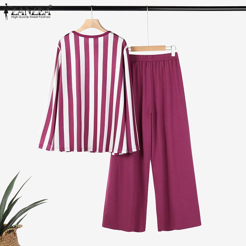 ZANZEA Женский осенний комплект из полосатой футболки с круглым вырезом и длинными рукавами и брюками